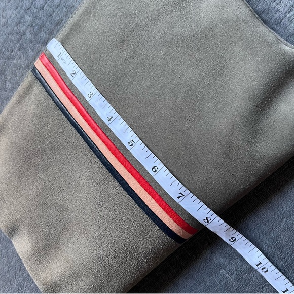 Clare V. Suede Gray Clutch Bag Black Pink Red Leather Stripes Gold Tone Charm
